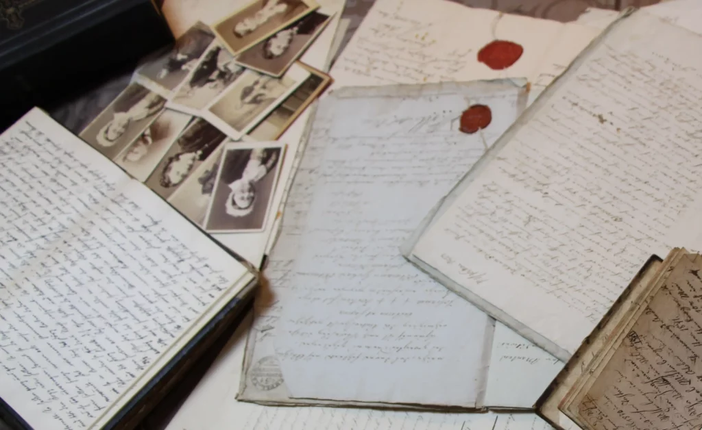 De vieux papiers et des photos de famille en noir et blanc illustrent la rédaction de biographies.