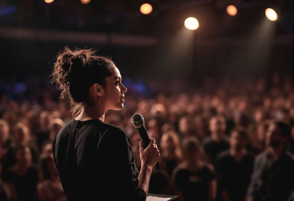 Écriture sur mesure - photo d'une jeune femme parlant au micro devant un large public