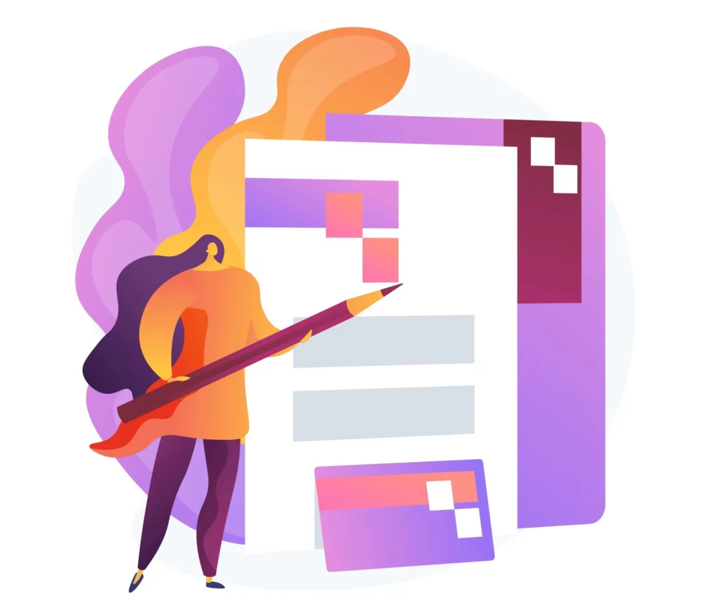 Illustration : une femme qui met en page des blocs texte et image.