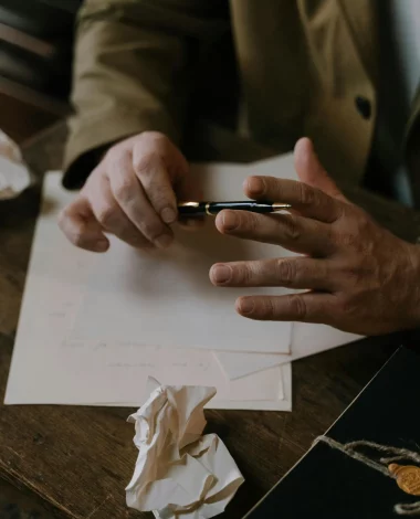 Quelqu'un tente d'&eacute;crire une lettre, un brouillon froiss&eacute; devant lui.